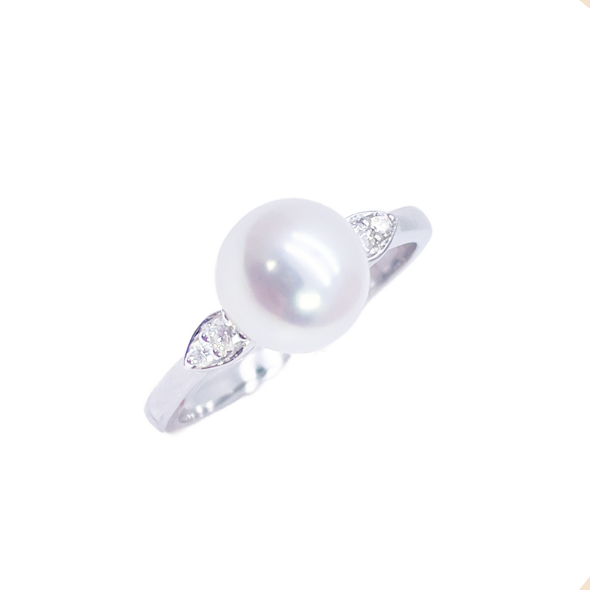 Bague en or 18 carats, perle de culture d'eau douce et diamant rond naturel de 0,07 carat