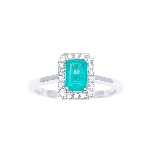 Bague or 18 carats, émeraude naturelle et diamants, taille ronde et émeraude, 0,70 carat