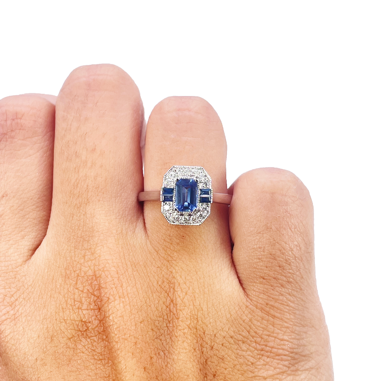 Bague halo en or 18 carats avec saphir naturel et diamants, taille ronde et émeraude, 1.00 carat