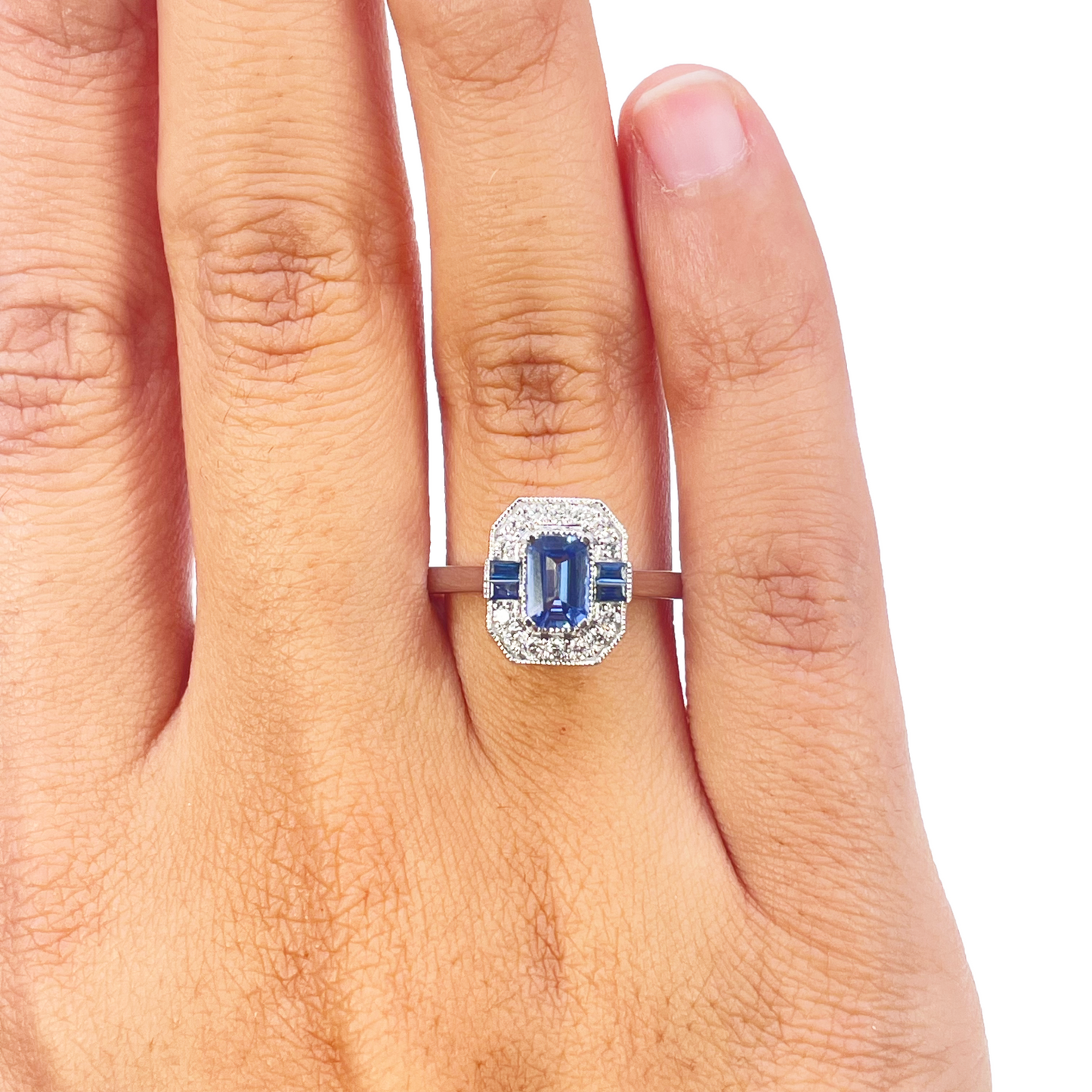 Bague halo en or 18 carats avec saphir naturel et diamants, taille ronde et émeraude, 1.00 carat