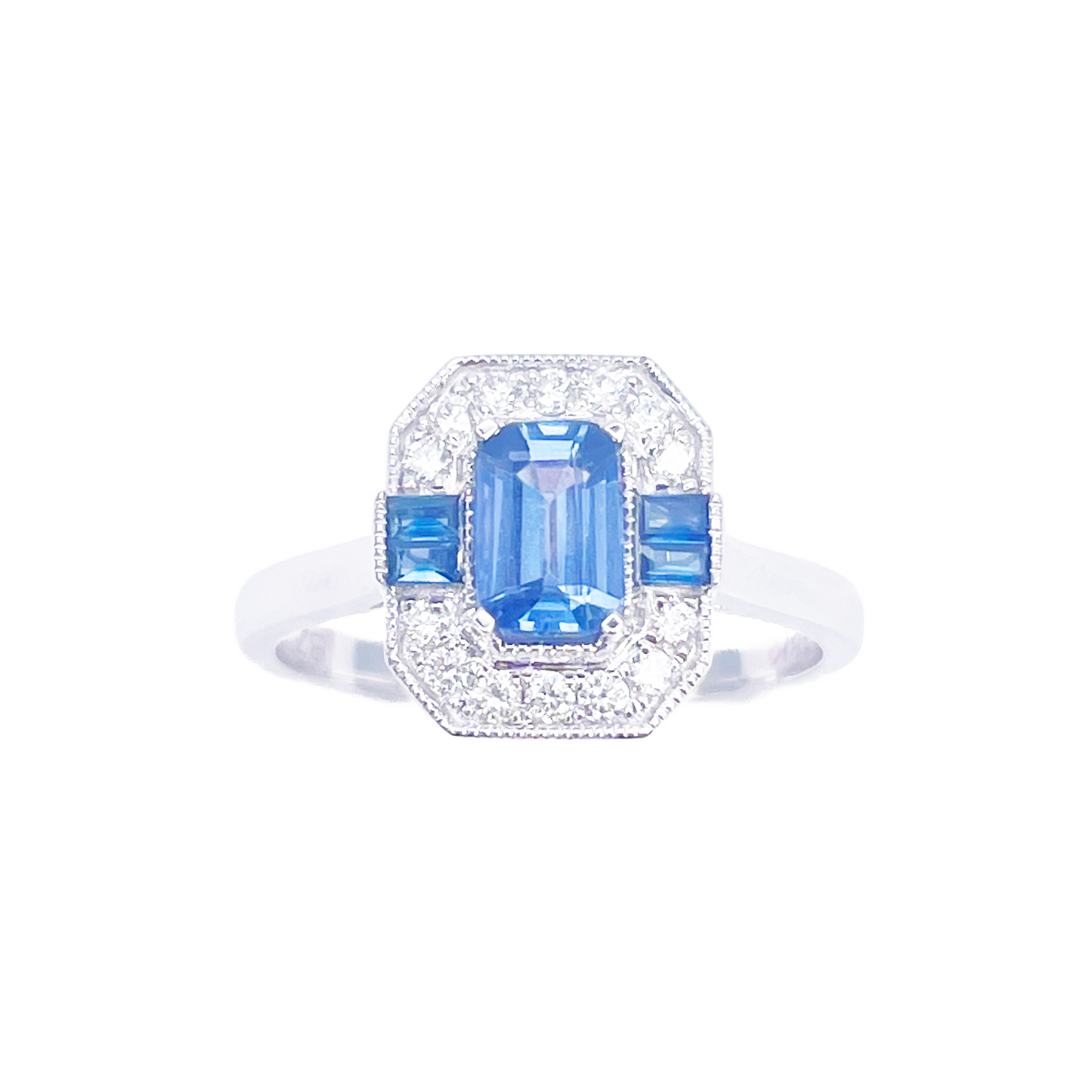 Bague halo en or 18 carats avec saphir naturel et diamants, taille ronde et émeraude, 1.00 carat