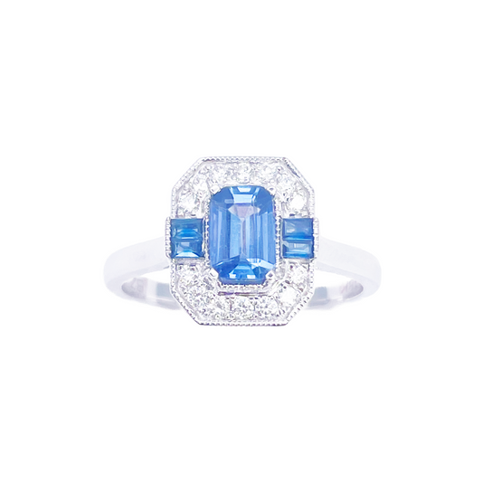 Bague halo en or 18 carats avec saphir naturel et diamants, taille ronde et émeraude, 1.00 carat