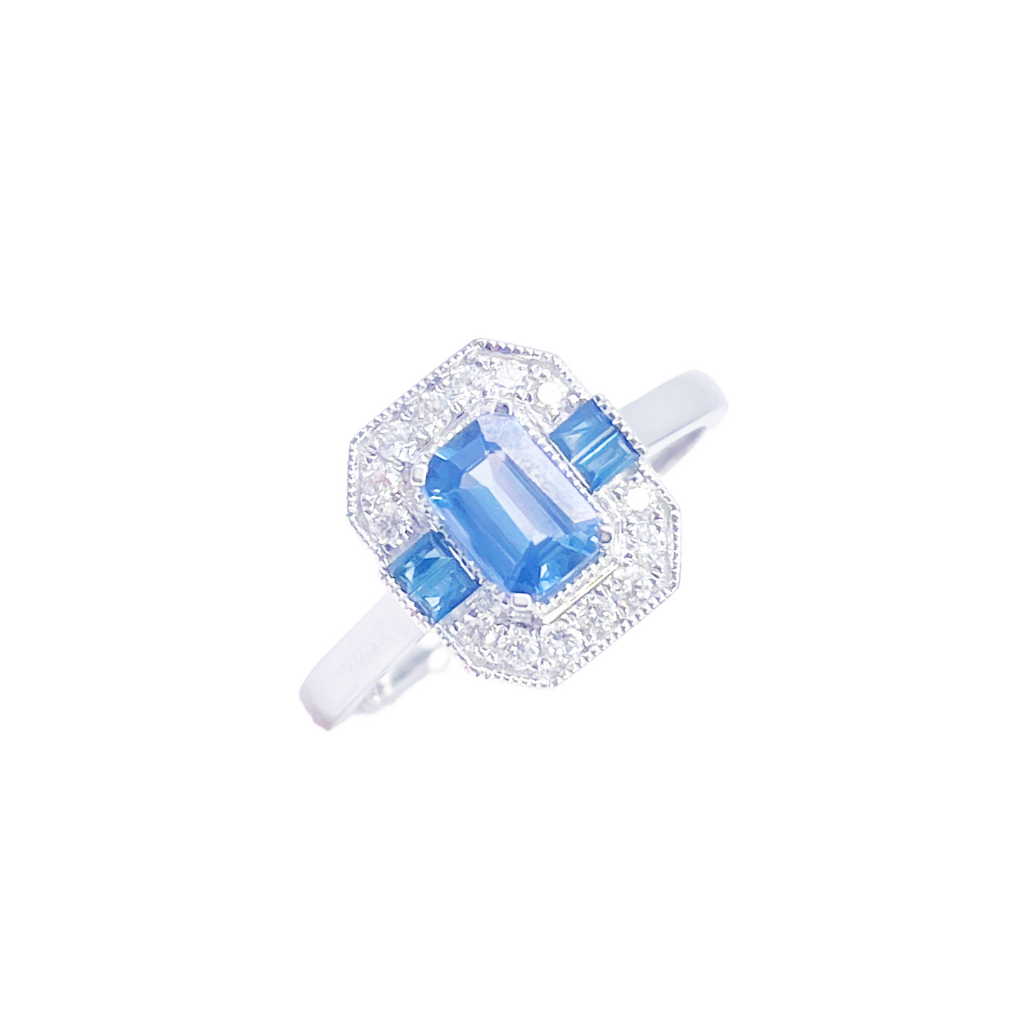 Bague halo en or 18 carats avec saphir naturel et diamants, taille ronde et émeraude, 1.00 carat