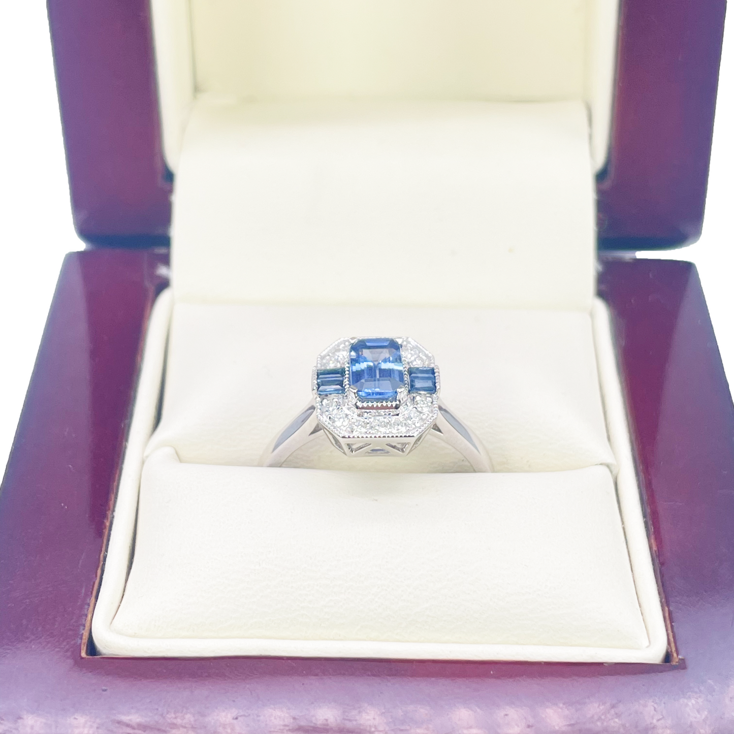 Bague halo en or 18 carats avec saphir naturel et diamants, taille ronde et émeraude, 1.00 carat