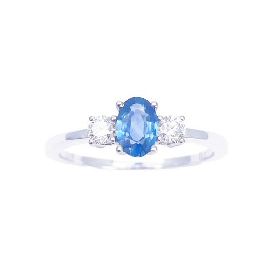 Bague trilogie en or 18 carats avec saphir naturel et diamants, taille ronde et ovale 0,65 ct