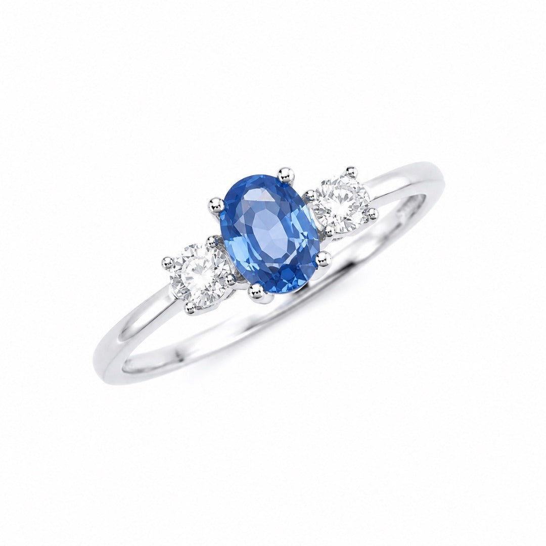 Bague trilogie en or 18 carats avec saphir naturel et diamants, taille ronde et ovale 0,65 ct