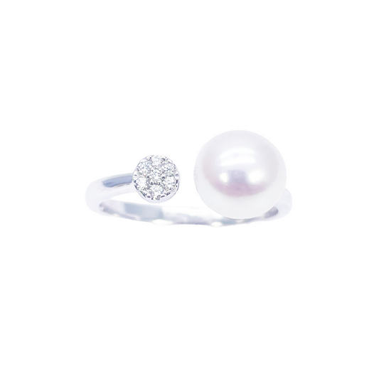 Bague en or 18 carats avec perle d'eau douce et diamant, ronde naturelle 0,05 carat
