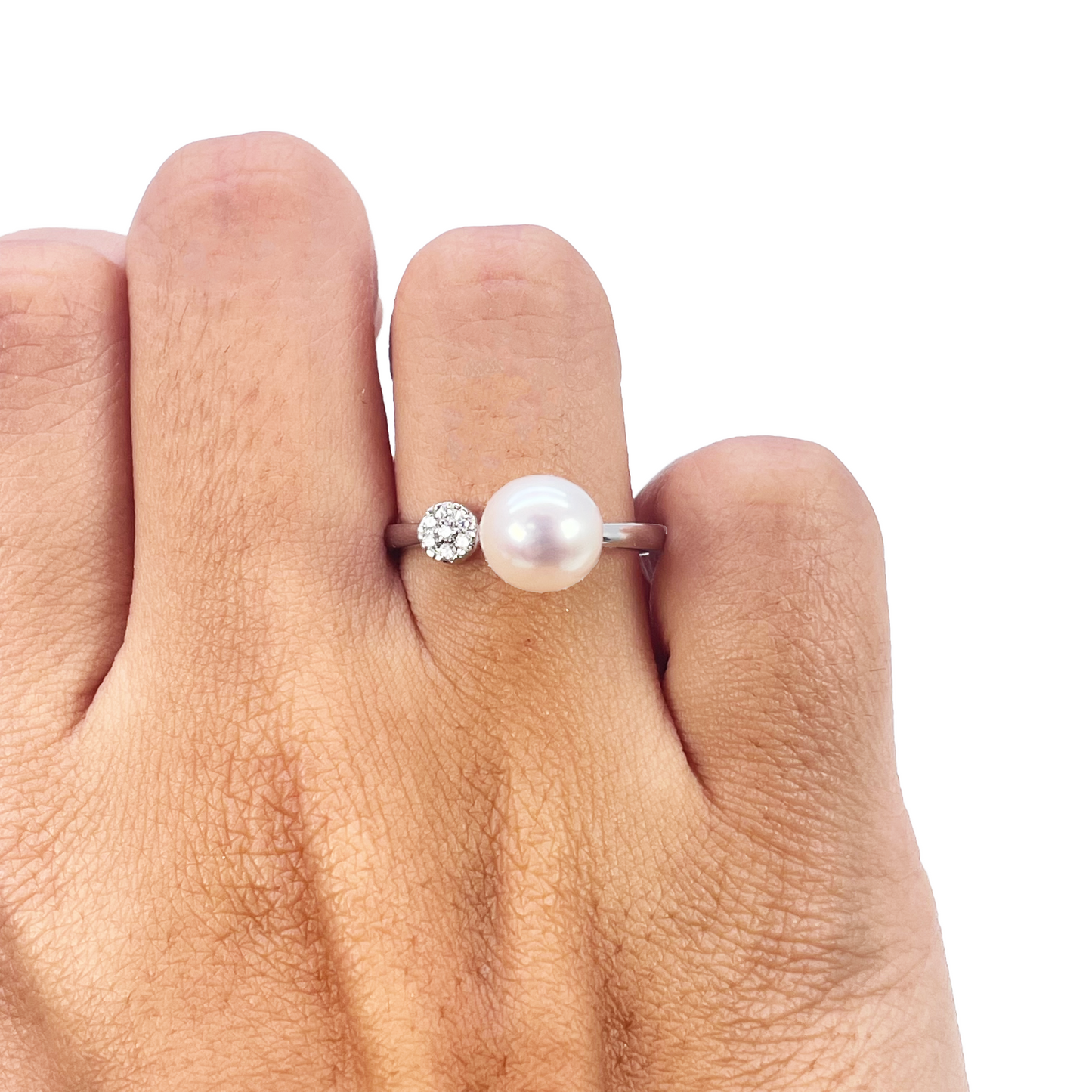 Bague en or 18 carats avec perle d'eau douce et diamant, ronde naturelle 0,05 carat