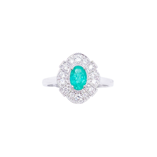 Bague auréole en or 18 carats avec diamants et émeraudes naturelles, taille ronde et ovale, 0,65 carat