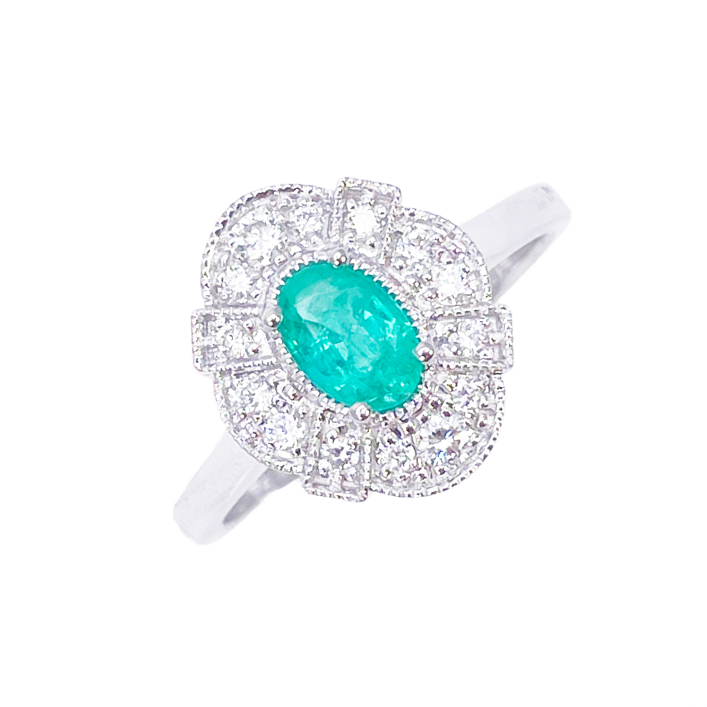 Bague auréole en or 18 carats avec diamants et émeraudes naturelles, taille ronde et ovale, 0,65 carat