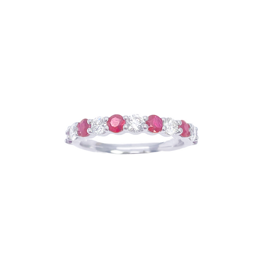 Bague empilable demi-éternité en or 18 carats avec diamants ronds naturels et rubis, 1,05 carat