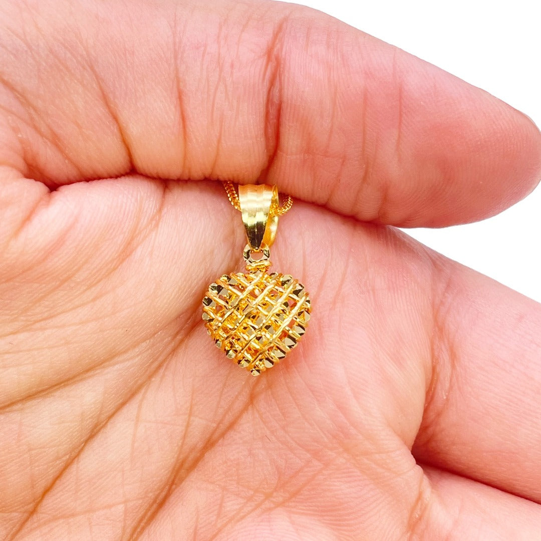 Pendentif cœur en or 22 carats, maille diamantée, poli miroir, longueur 18 mm