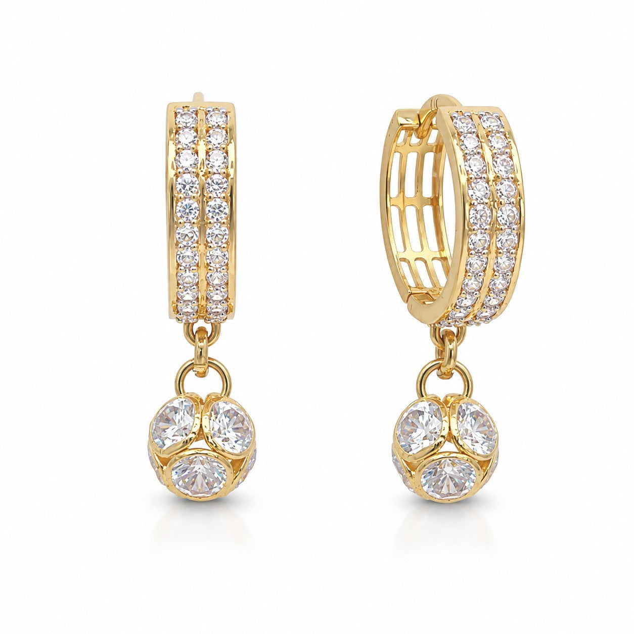 22ct Yellow Gold Double Row CZ Huggie Hoop Ball Drop Earrings 11.3mm Diameter