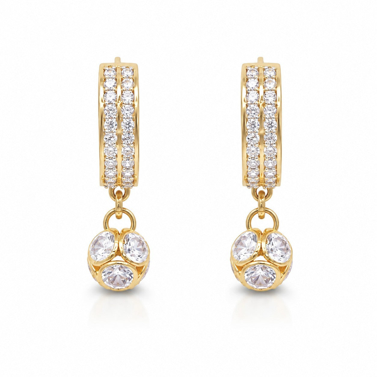 22ct Yellow Gold Double Row CZ Huggie Hoop Ball Drop Earrings 11.3mm Diameter