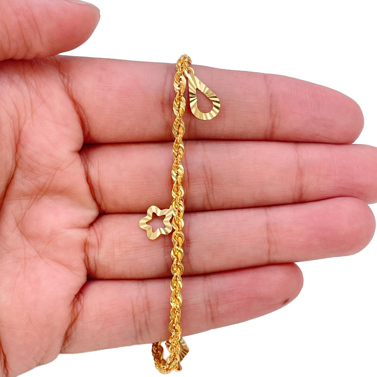 22ct Yellow Gold Rope Chain Bracelet with Diamond Cut Open Charms