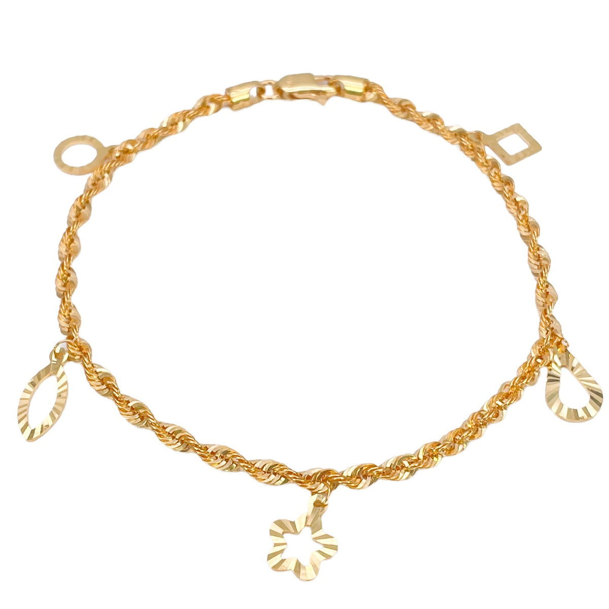 22ct Yellow Gold Rope Chain Bracelet Diamond Cut Shape Charms