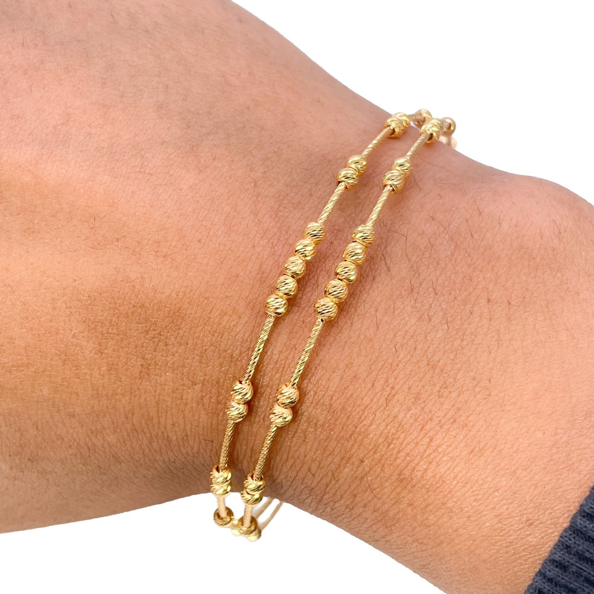 22ct Yellow Gold Double Row Beaded Bracelet Diamond Cut Bead Clusters