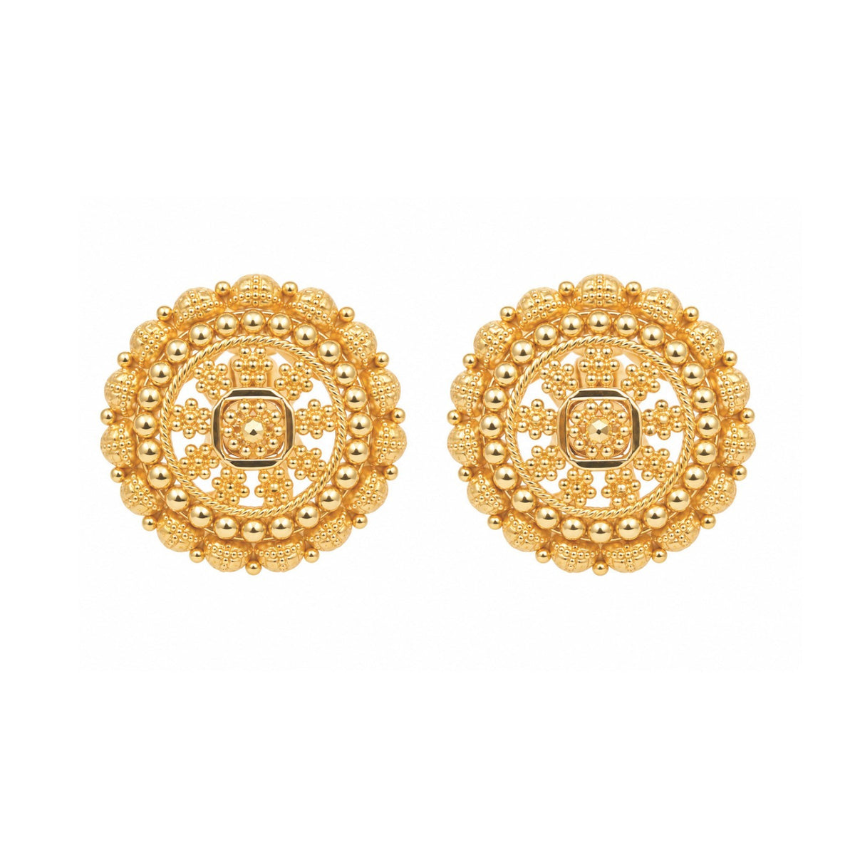 22ct Yellow Gold Rawa Work Mandala Stud Earrings Filigree Design