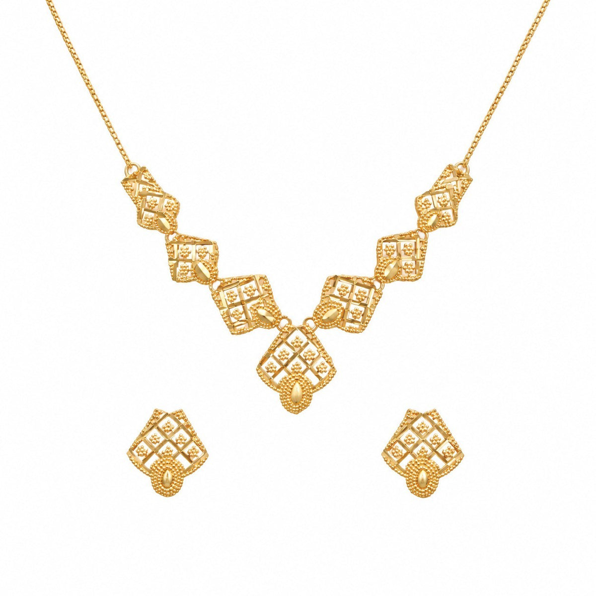 22ct Yellow Gold Filigree Necklace & Earring Set Diamond Lattice