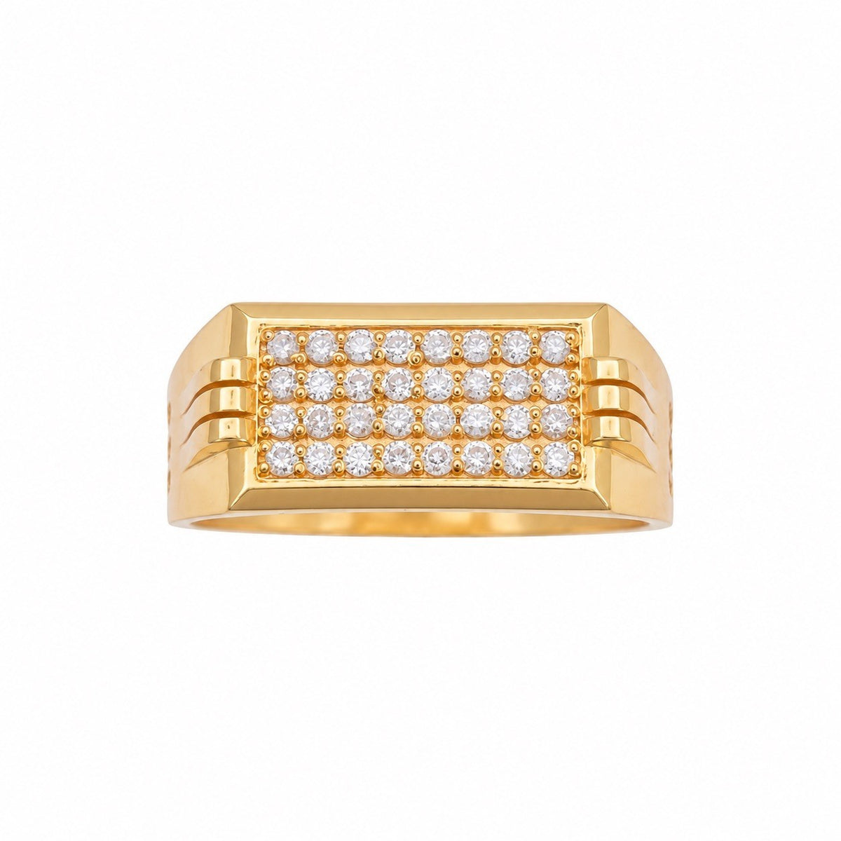 22ct Yellow Gold Cubic Zirconia Signet Ring Cluster Set Triple Groove Shoulders