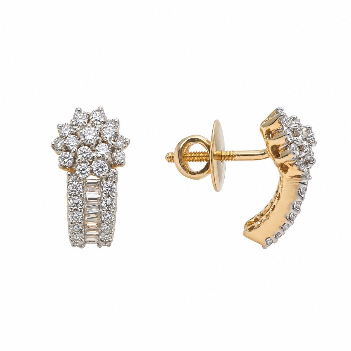 18ct Yellow Gold Natural Diamond Cluster Earrings Baguette Round Drop 1.00ct