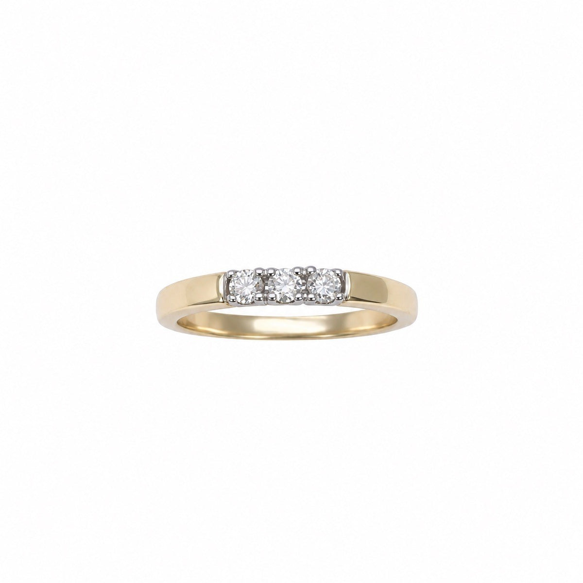 18ct yellow gold natural diamond trilogy ring with white gold claws, 0.15ct