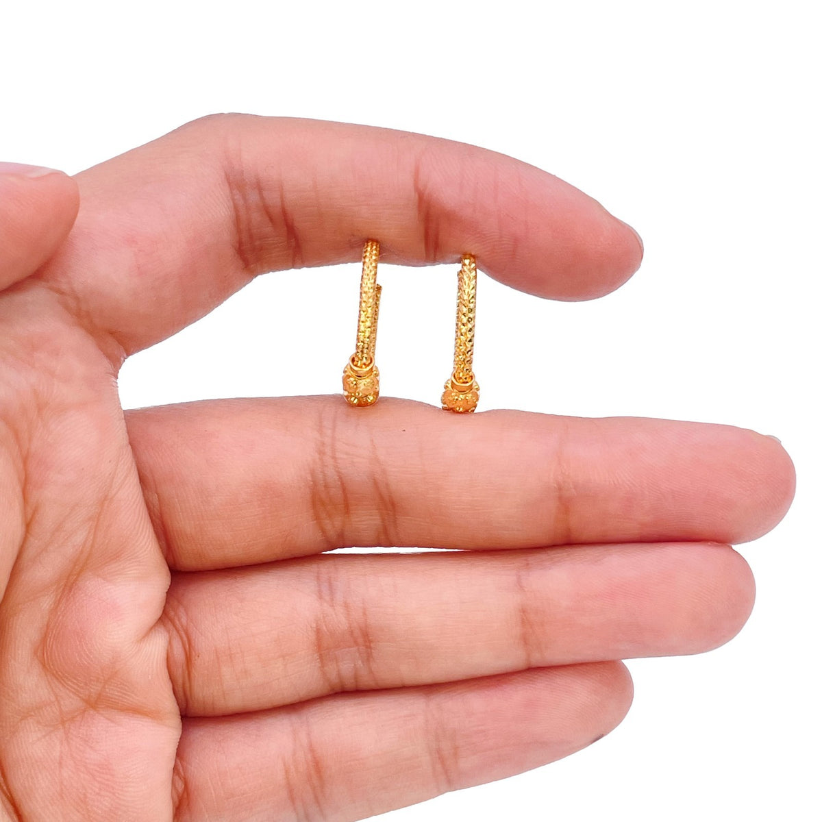 22ct yellow gold textured bead hoop earrings 2.4g by Raina Jewels