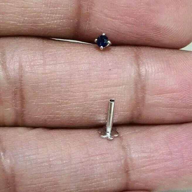 18ct White Gold & Blue Sapphire Nose Stud / Nose Pin 0.05 Carats 4-Claw 2.0 mm 